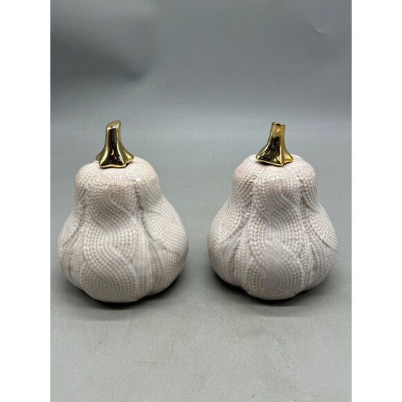 Decorative Ceramic Pumpkin set of 2 Halloween decor white gold top 6" READ - Picture 3 of 6